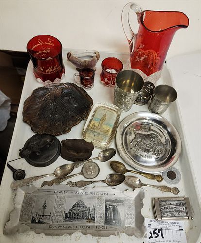 TRAY PAN AMER 1901 EXPO ITEMS METAL TRAYS, CUPS, SPOONS, CAST IRON BUFFALO PAPERWEIGHTS, MATCH CASE, RUBY FLASH ITEMS