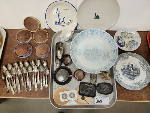 TRAY 1893 WORLD'S COLUMBIA EXPO ITEMS 2-1/2$ CARLSBAD BOWL 2.5"" H 10" DIAM WEDGWOOD PLATE 8-1/2" DIAM, 16 SPOONS, 6 WOODEN LOW RELIEF SOUVENIR DISCS 