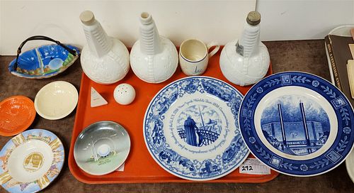TRAY 1939 N.Y. WORLD'S FAIR ITEMS 3 BOTTLES 9" LANBERTON PLATE 11" DIAM., SPODE PLATE 10-1/2", HOMES LANGLIN ASH TRAY, 2 AMER. PATTERN AUTUMN AND WINT