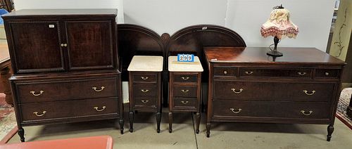 C 1920'S 5 PC WALNUT BED SET, 5 DRAWER CHEST, TALL CHEST PR MARBLE TOP 3 DRAWER END STANDS AND KING HEADBOARD