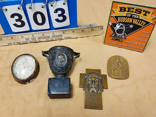 TRAY 19TH C BRONZE URN 4-1/2", BRONZE CROSS 3-1/2" X 2-1/4" AND MEDALLION MADONNA AND CHILD 2-1/2" X 1-3/4", 19TH C CARVED PLASTER MADONNA AND CHILD I
