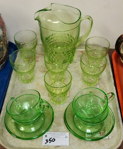 TRAY GREEN DEPRESSION GLASS LEMONADE PITCHER W/ 6 GLASSES AND 4 CUPS/SAUCERS