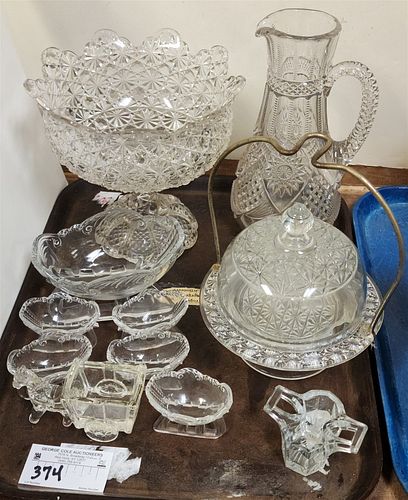 TRAY PRESSED GLASS INCL COVERED BUTTER SLEIGH NUT DUSH W/ 5 INDIVIDUAL, COMPOTE, PITCHER