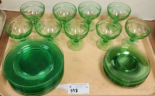 TRAY GREEN DEPRESSION GLASS- 10 7 1/2" DIAM PLATES, 9 SHERBETS AND LINERS
