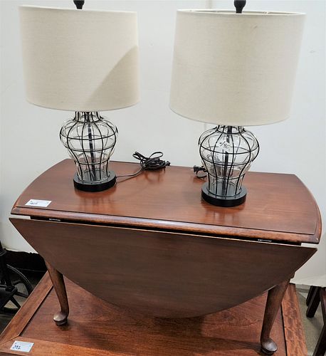 QA STYLE MAHOG DROP LEAF TABLE 21 1/2'H X 39"W X 19 1/2"D W/ PR METAL AND GLASS LAMPS 23"