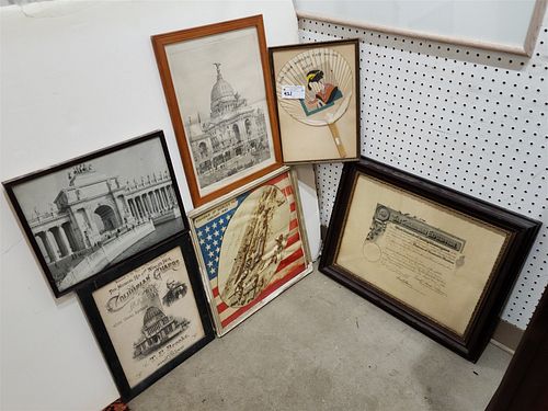 LOT 6 FRAMED WORLDS FAIR ITEMS- THE COLUMBIAN EXPO DIPLOMA OF HONORABLE MEBNTION, 1893 CHICAGO SCARF, LITHO 190 PARIS EXPO, LITHO SHEET MUSIC COLUMBIA