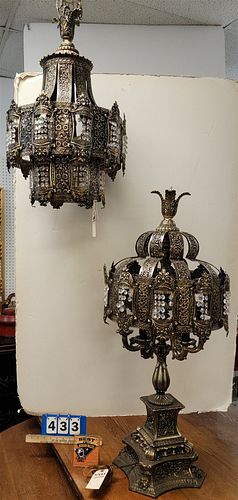 70'S EMBOSSED BRASS AND CRYSTAL CHANDELIER W/ MATCHING TABLE LAMP 40"H X 16" DIAM