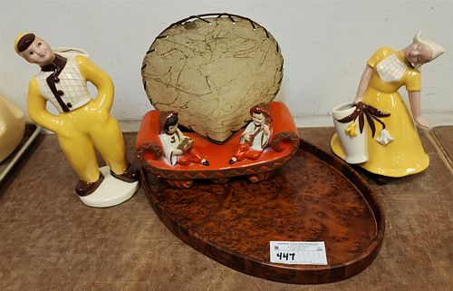BURL TRAY 1"H X 17"W X 11 1/2"D W/ PR FIGURINES BY HEDI SCHOOP HOLLYWOOD CA 11 1/2" AND 9 1/2" AND 50'S PLASTER LAMP 10 1/2"H X 10"W X 4"D