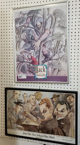 LOT 2 FRAMED PRINTS "JOIN THE NEW SCHOOL" 15" X 23" FILM MOP AND jACK AND THE BEANSTALK SGND EDWARD SOREL 23-3/4" X 17-1/2"