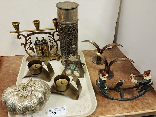 TRAY BRASS AND METAL ITEMS VINTAGE CAST IRON ROCKING TOY 6-1/2"H X 8-1/2"W X 2-1/2"D, ASIAN GOURD BX, PR Y STAD-METAL CANDLESTICKS ETC
