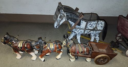 FOLK ART WOODEN HORSE STAGECOACH 14"H X 38"W X 7-1/2"D AND 3 CERAMIC HORSE DRAWN OAK WAGON 7"H X 31"L X 5"W