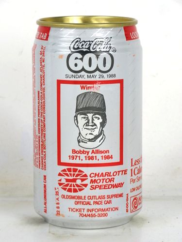 1988 Diet Coke Coca Cola 600 NASCAR Bobby Allison 12oz Can Charlotte