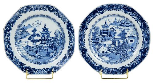 Two Octagonal Chinese Export Blue and White Plates