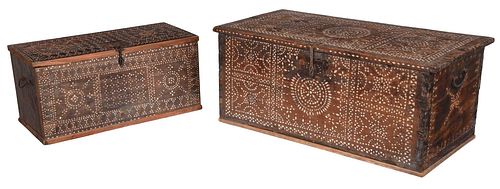 Two North African Mother of Pearl Inlaid Hardwood Chests