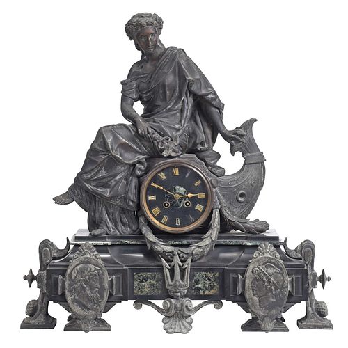 French Classical Spelter and Slate Figure Clock 