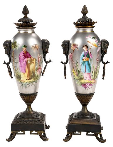 Pair of Chinoiserie Gilt Bronze and Porcelain Vases 
