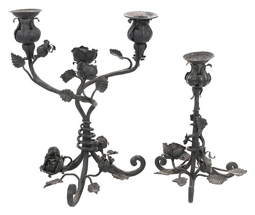 Wrought Iron Rose Form Candelabra and Candlestick