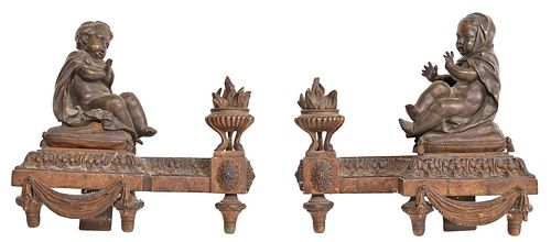 Pair of Bronze Neoclassical Style Fireplace Chenets