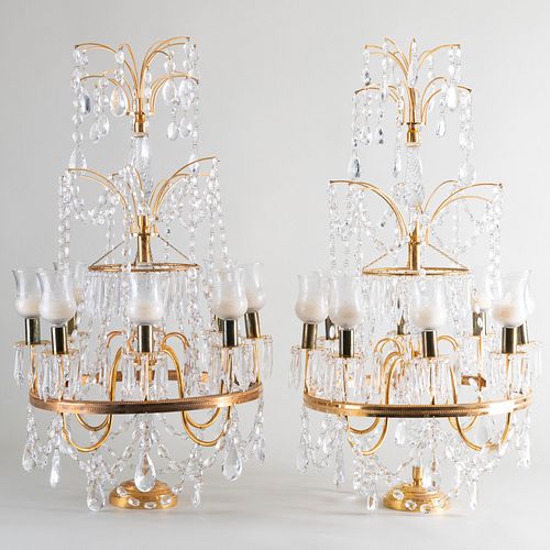 Pair of Glass and Brass Eight-Light Candelabra