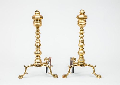 Pair of Federal Style Brass Machine-Turned Andirons