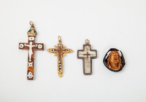 European Miniature Carved Wood Head of Christ, Two Mother-of-Pearl Mounted Crucifixes, and a Glass and Gilt-Metal Crucifix En