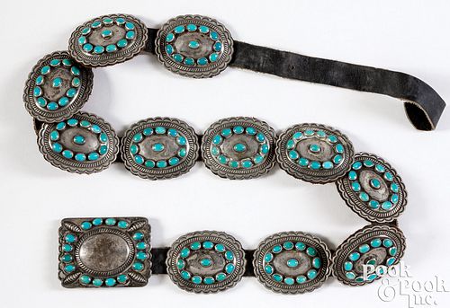 Zuni Indian silver and turquoise concha belt