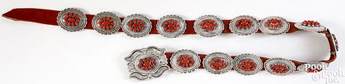 Zuni Indian sterling silver and coral concha belt