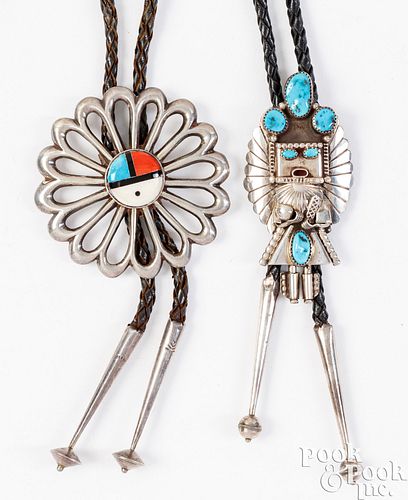 Two Indian sterling silver and turquoise bolo ties