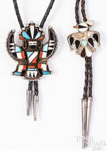 Two Zuni Indian silver and hardstone bolo ties