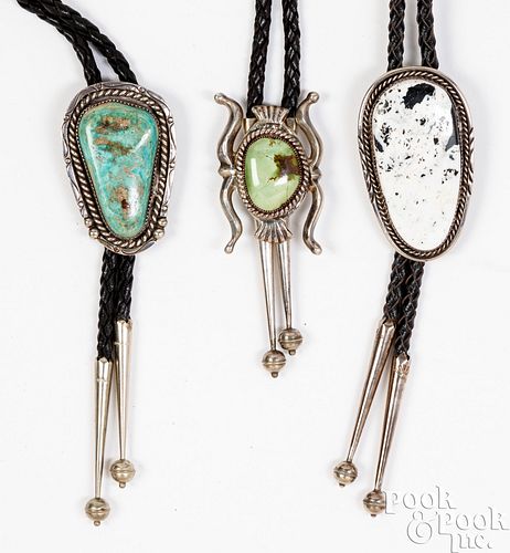 Three Navajo Indian silver and turquoise bolo ties