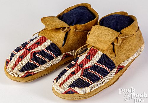 Sioux Indian buffalo hide beaded moccasins, 19th c