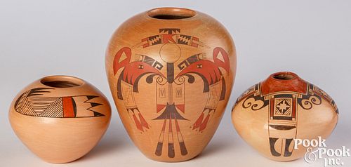 Three Hopi Indian polychrome pottery vessels