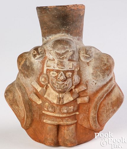 Moche pottery warrior with snakes vessel