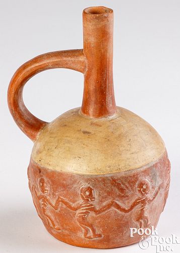 Moche pottery handled vessel with dancers