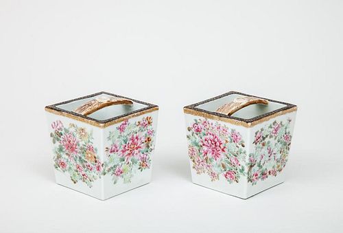 Pair of Modern Chinese Famille Rose Porcelain Floral-Enameled Square Baskets