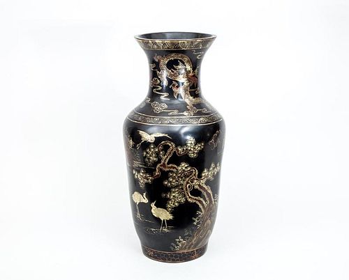 Chinoiserie Black Lacquer Baluster-Form Vase