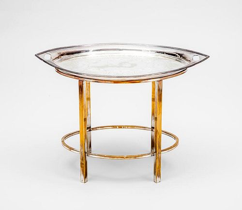 English Silver-Plated Tea Tray on Rubbed Brass Stand