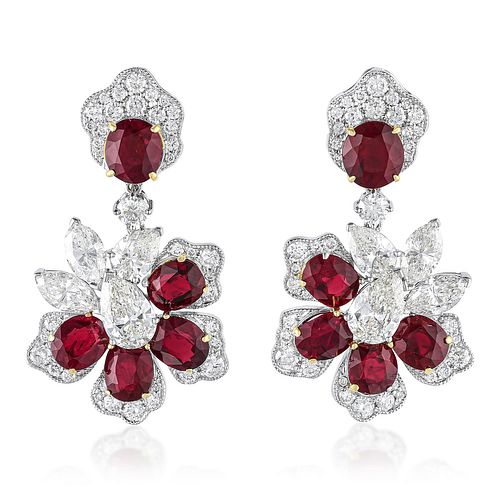 Fine Ruby and Diamond Flower Drop Earrings, GRS Certified