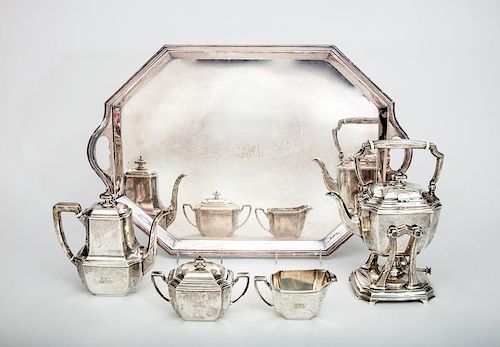 Tiffany & Co. Monogrammed Silver Four-Piece Tea Service and an English Monogrammed Silver-Plated Tray