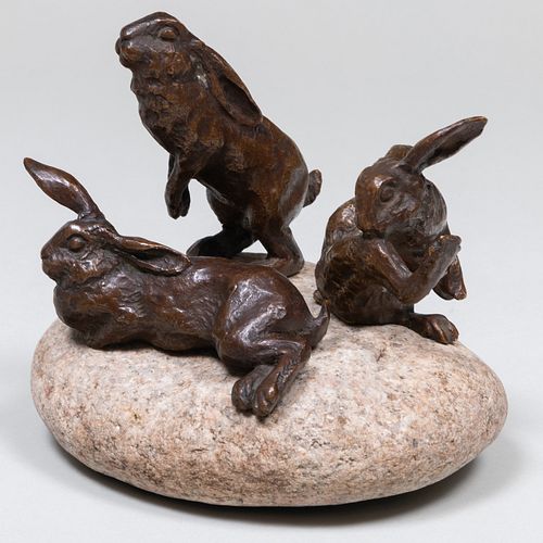 Brenda Putnam (1890-1975): ThreeÂ  Bronze Bunnies on a Stone Base