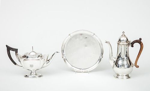 Gorham Monogrammed Silver Teapot, a Gorham Silver Pear-Form Coffee Pot, and an American Small Tray