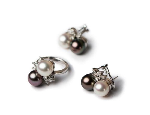 Pair of pearl, diamond 14K earrings and 18K ring