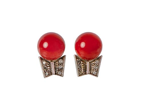 Pair of red coral and diamond earring