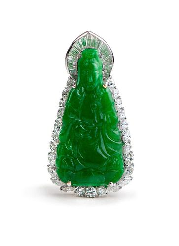 Jadeite Guanyin and diamond pendant with GIA