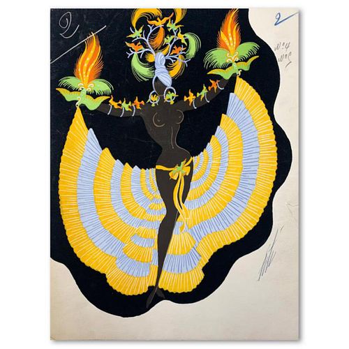 Erte (1892-1990), "Exotique, mannequin oiseaux" Original Gauche Painting, Hand Signed with Letter of Authenticity.