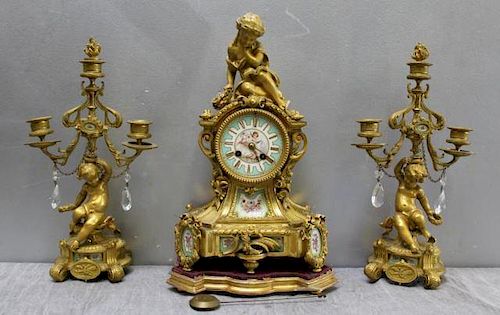Fine Quality Dore Bronze Clock Garniture Set.