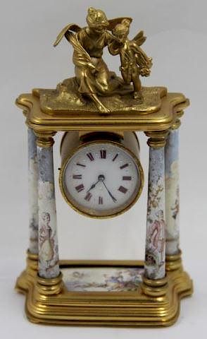 Enamel Decorated Column Clock with Figural