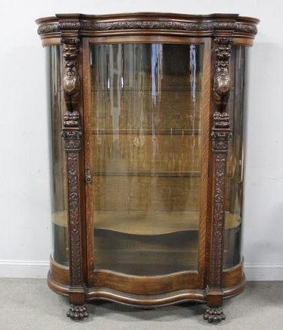 Highly Carved Oak Curved Glass China Cabinet