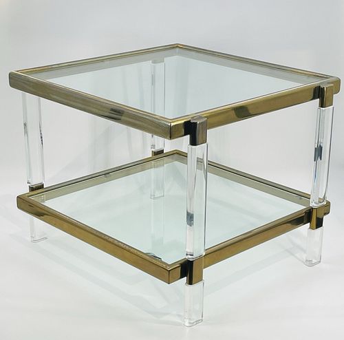 Lucite, Brass & Glass 2 Tier Table by Charles Hollis Jones