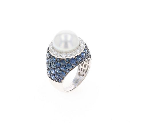 South Sea Pearl Diamond & Sapphire 18k Gold Ring